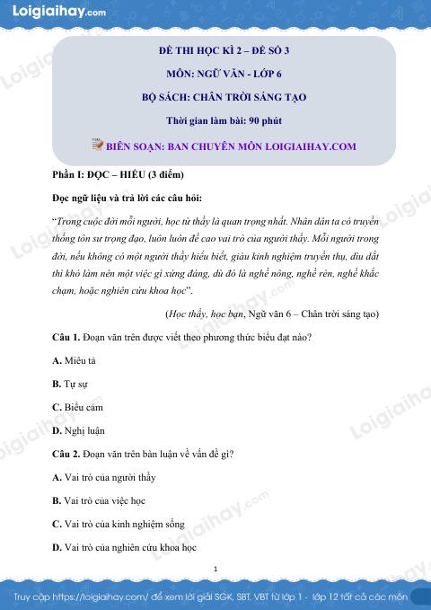 Đề thi học kì 2 Văn 6 Chân trời sáng tạo - Đề số 3